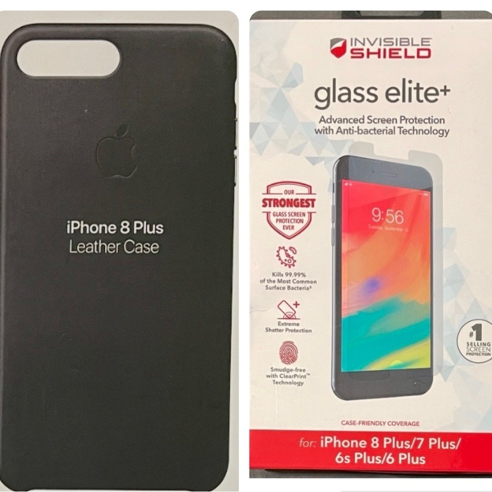 NEW ZAGG iPhone 8 Plus InvisibleShield Glass Elite Plus & NEW black leather case
